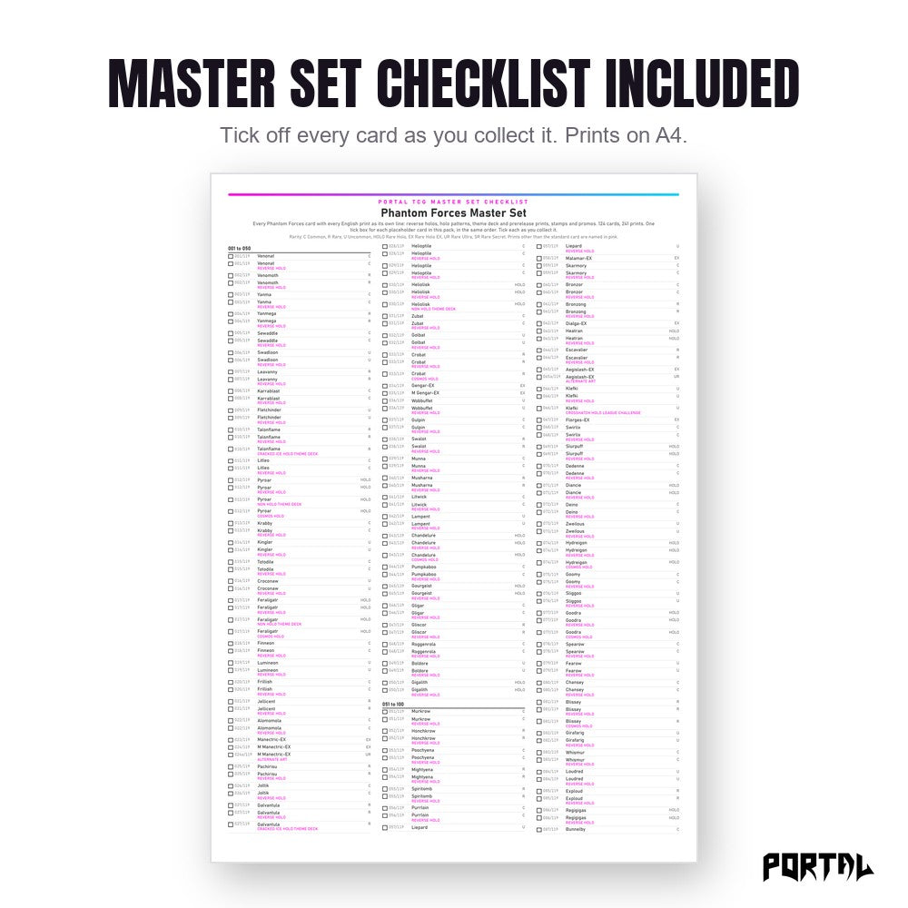 Pokemon Phantom Forces master set placeholders, the checklist included in the download, Portal TCG