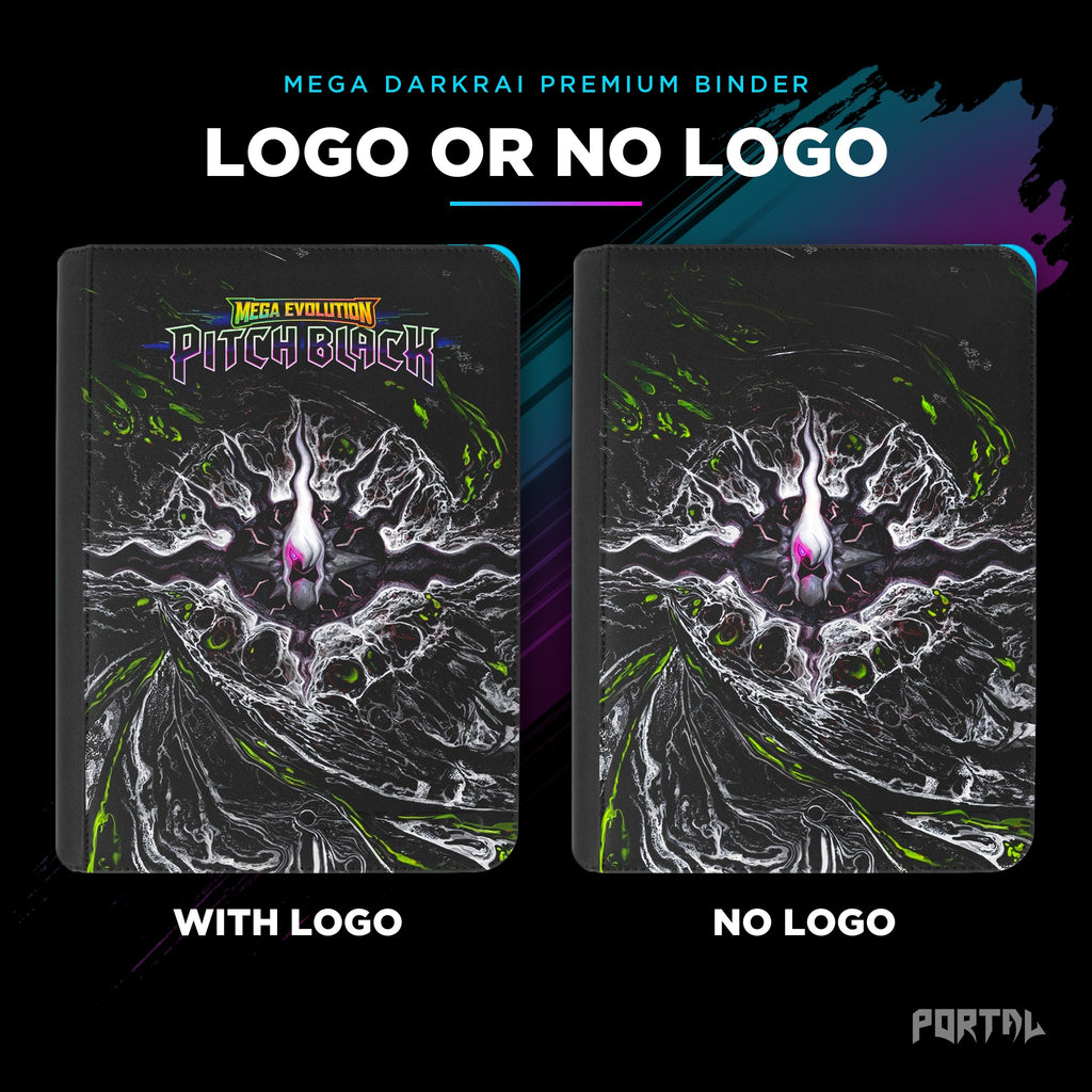 Pokemon Pitch Black Mega Darkrai premium binder, with logo and without logo side by side, Portal TCG