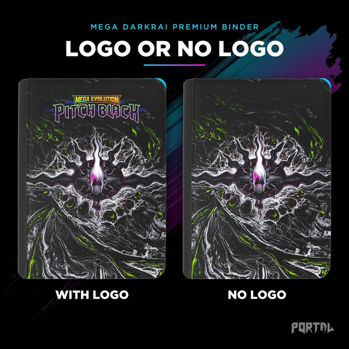 Pokemon Pitch Black Mega Darkrai premium binder, with logo and without logo side by side, Portal TCG