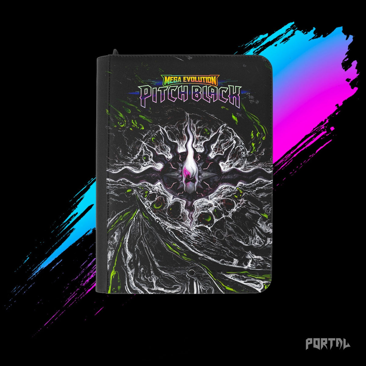 Pokemon Pitch Black Mega Darkrai premium collector's bundle, premium binder front cover with set logo, Portal TCG