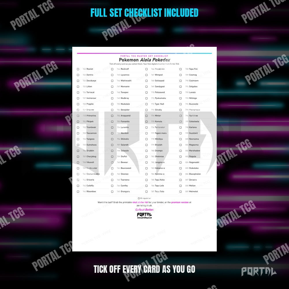 National Pokedex Gen VII (Alola) placeholders, checklist included, Portal TCG