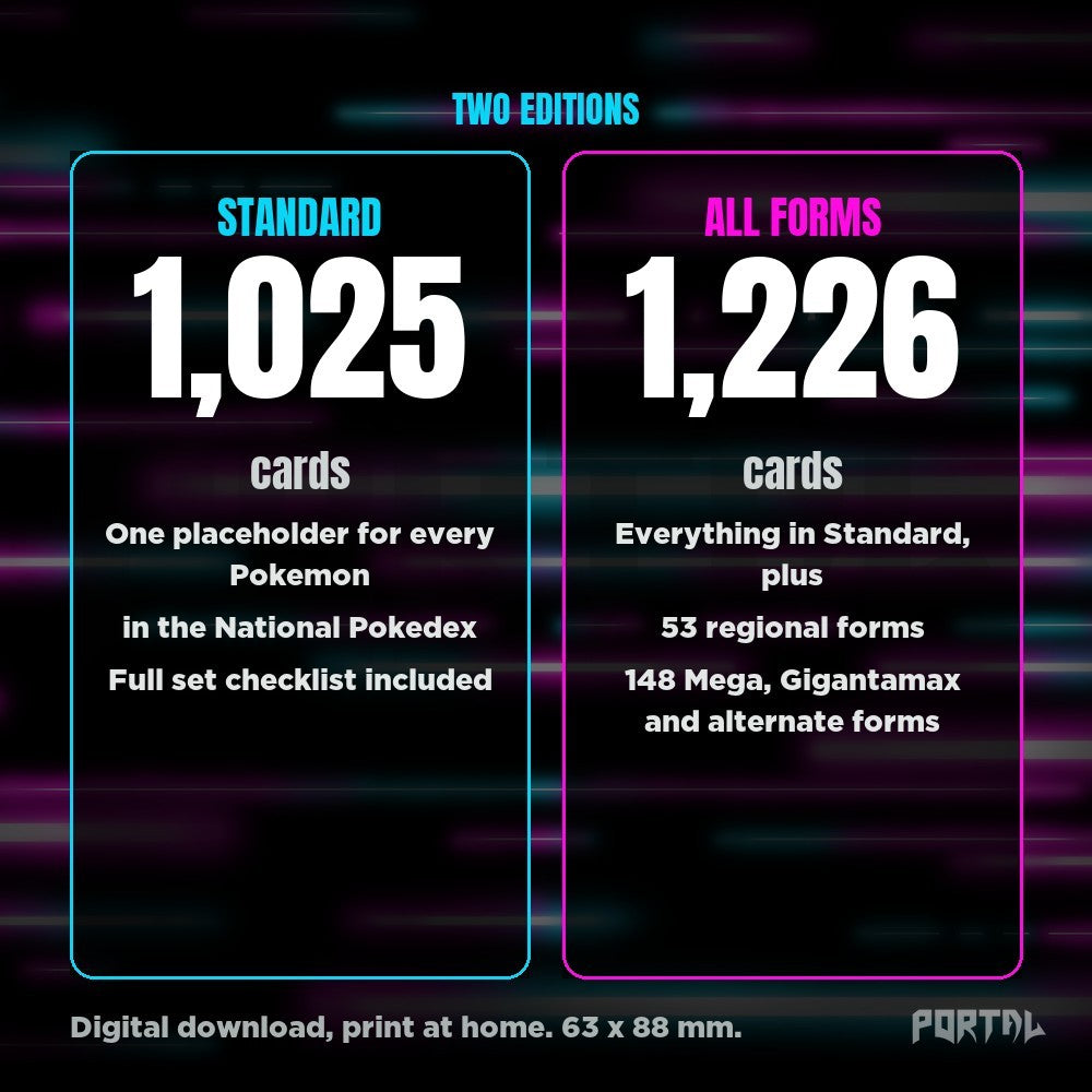 National Pokedex placeholders, every Pokemon, the two editions, Portal TCG