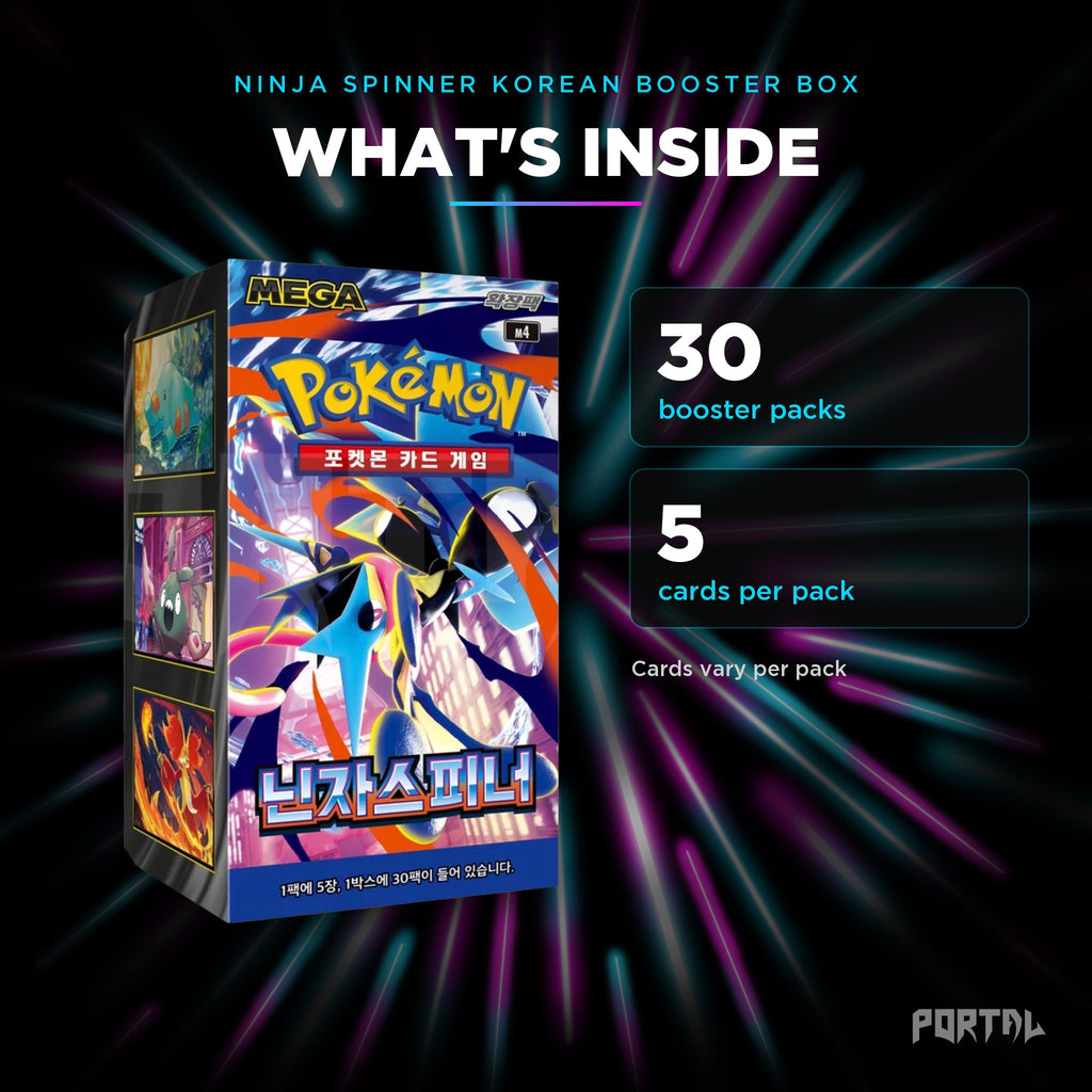 Ninja Spinner Korean booster box, what's inside: 30 booster packs, 5 cards per pack, Portal TCG