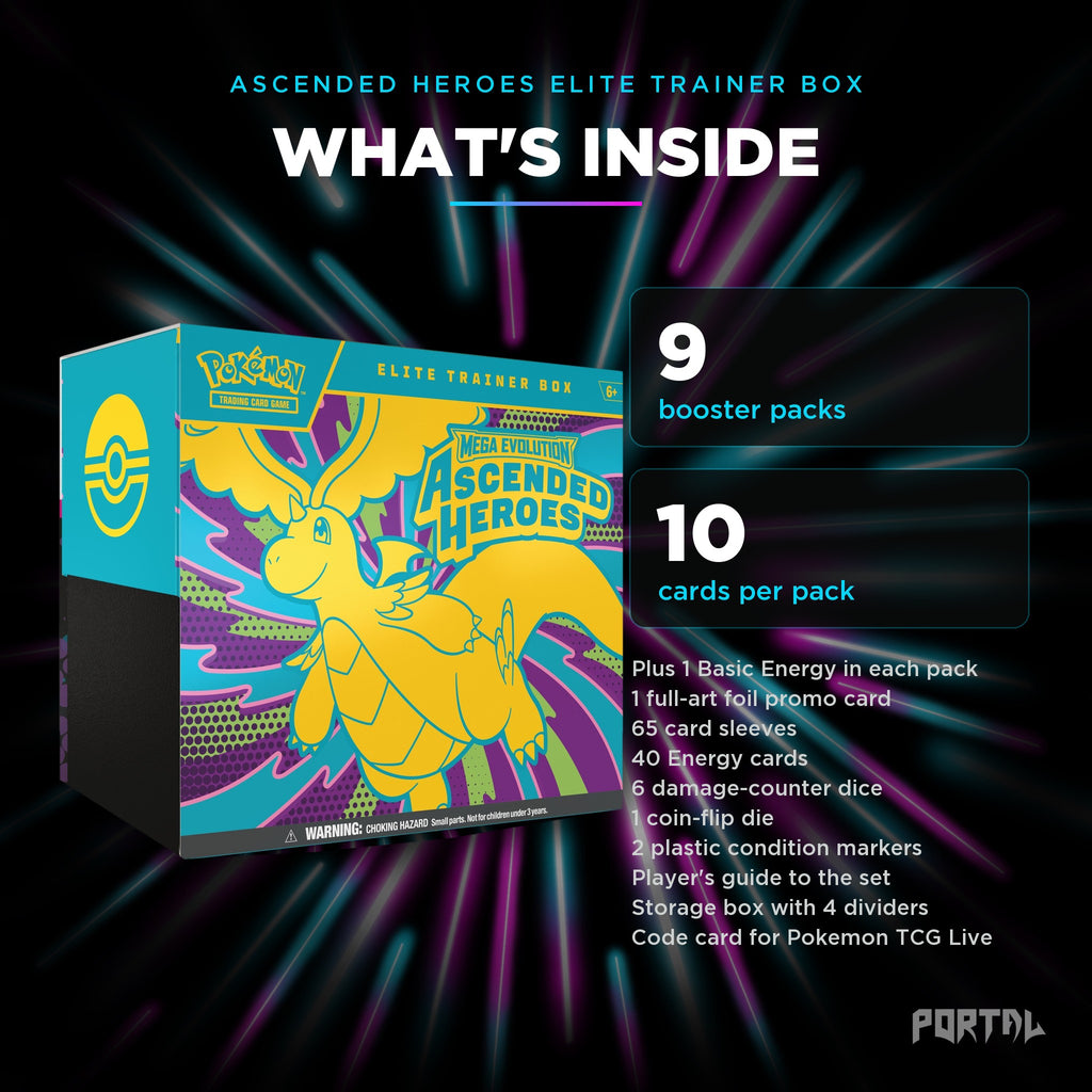 Ascended Heroes Elite Trainer Box, what's inside: 9 booster packs, 10 cards per pack, Portal TCG