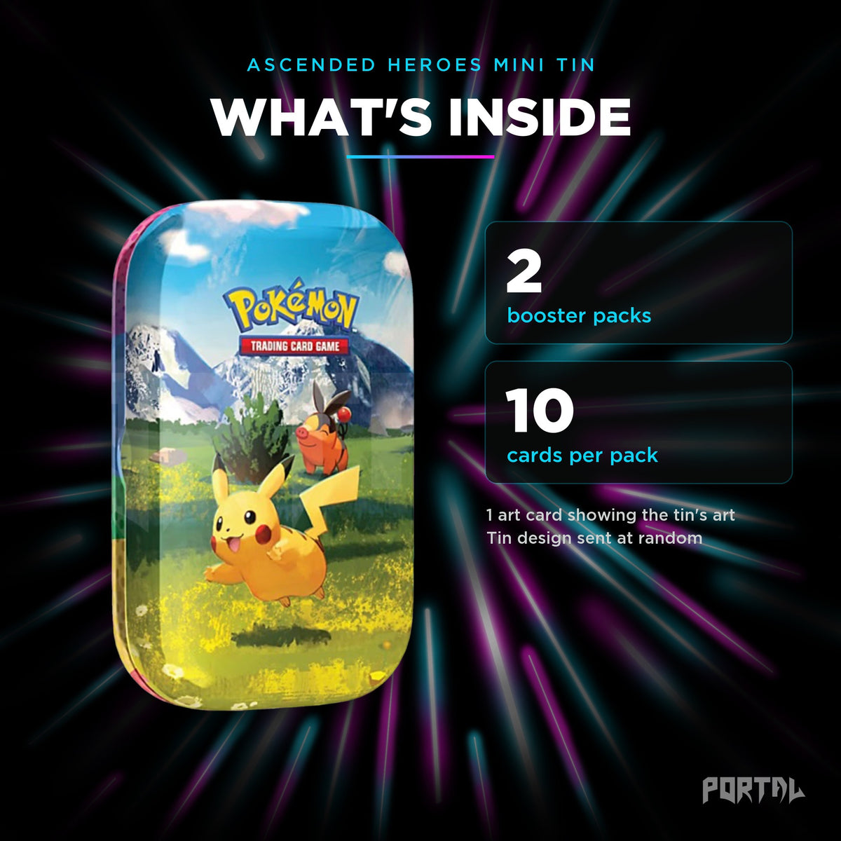 Ascended Heroes mini tin, what's inside: 2 booster packs, 10 cards per pack, Portal TCG