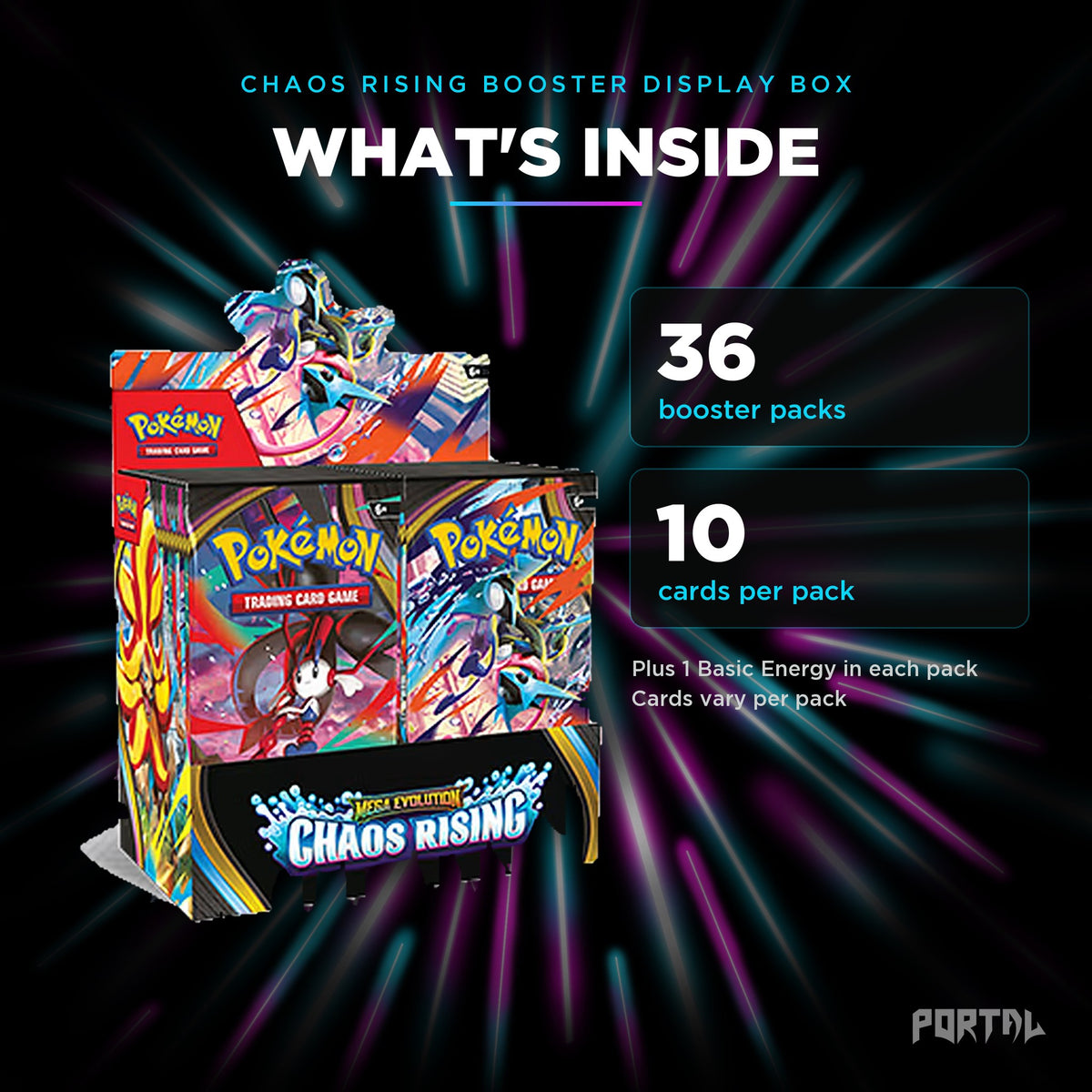 Chaos Rising booster box, what's inside: 36 booster packs, 10 cards per pack, Portal TCG