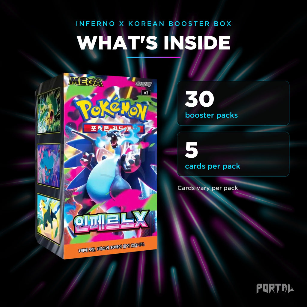 Inferno X Korean booster box, what's inside: 30 booster packs, 5 cards per pack, Portal TCG
