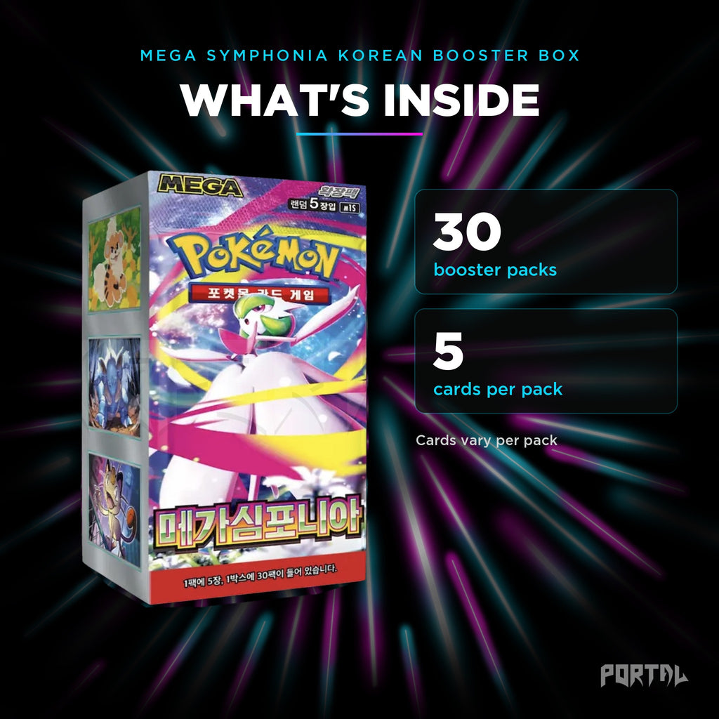 Mega Symphonia Korean booster box, what's inside: 30 booster packs, 5 cards per pack, Portal TCG