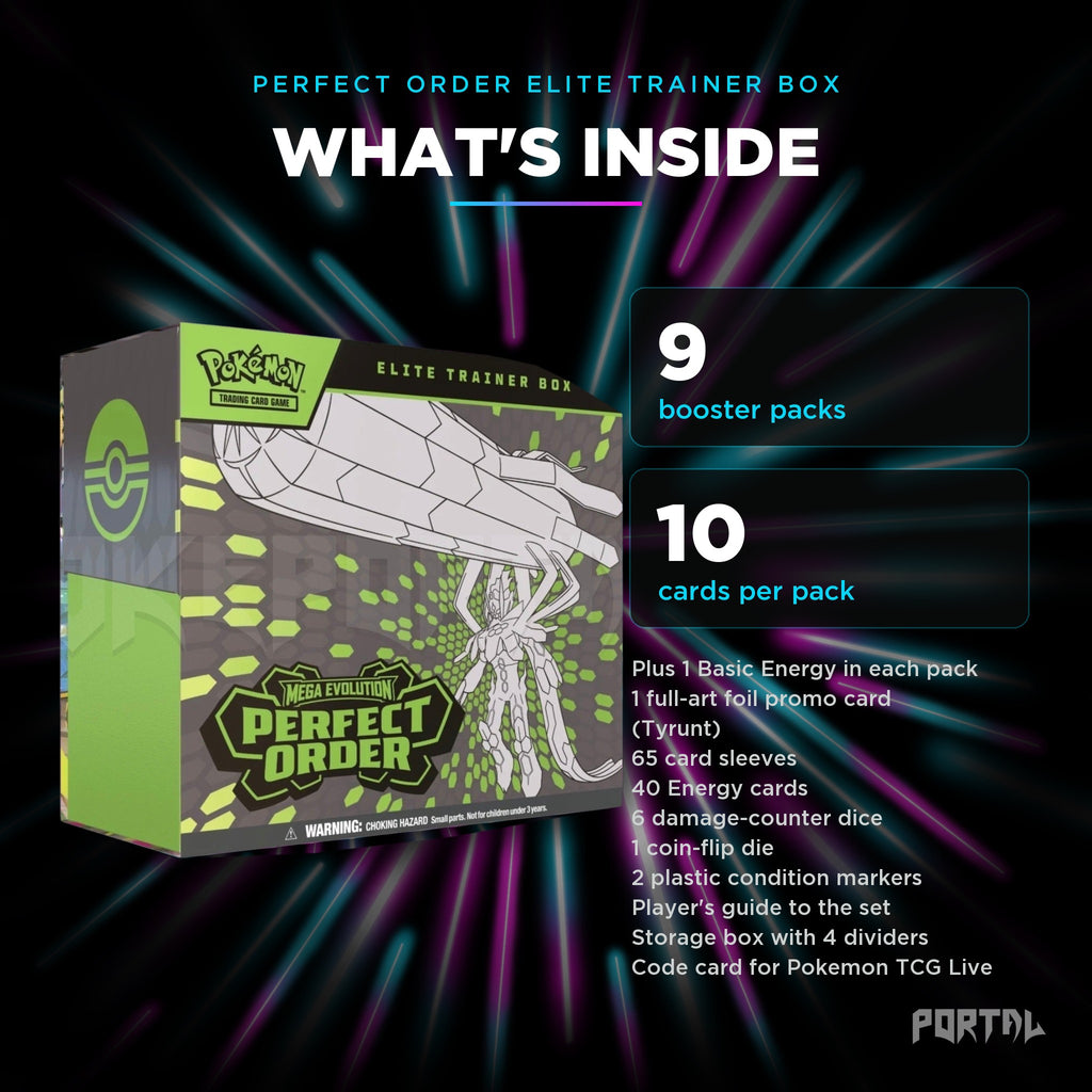 Perfect Order Elite Trainer Box, what's inside: 9 booster packs, 10 cards per pack, Portal TCG
