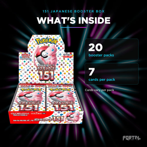 151 Japanese booster box, what's inside: 20 booster packs, 7 cards per pack, Portal TCG