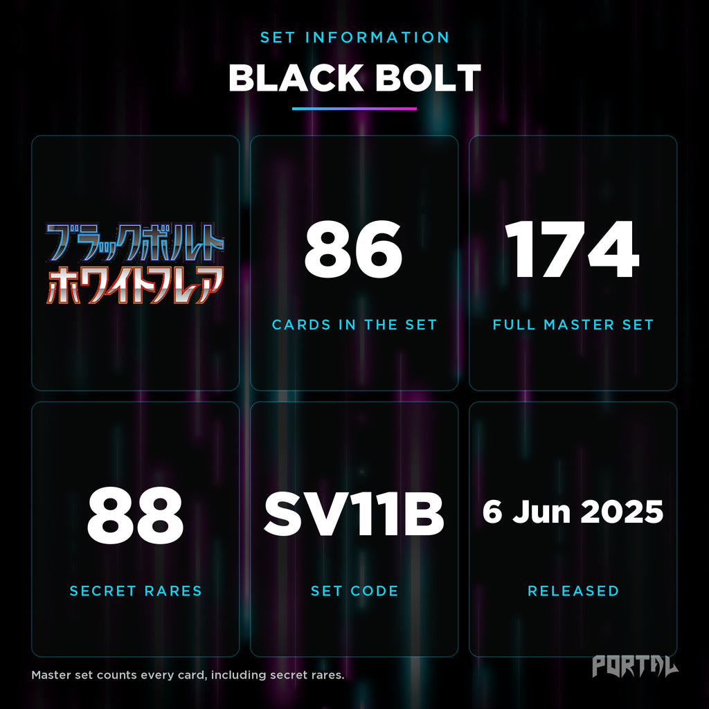 Black Bolt Japanese set information: 86 cards in the set, 174 in the master set, Portal TCG