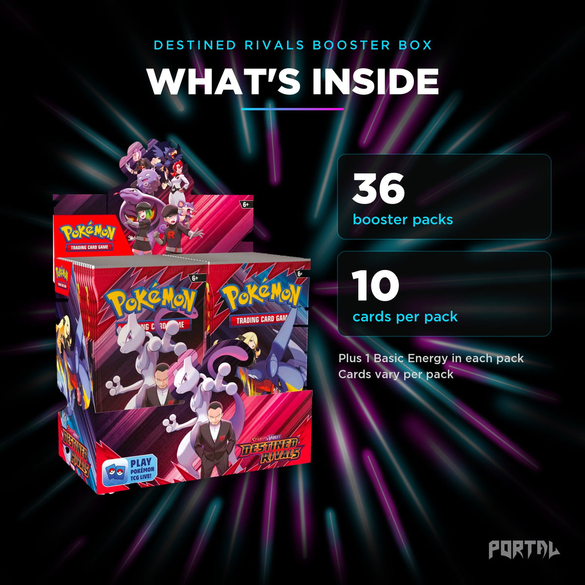 Destined Rivals booster box, what's inside: 36 booster packs, 10 cards per pack, Portal TCG