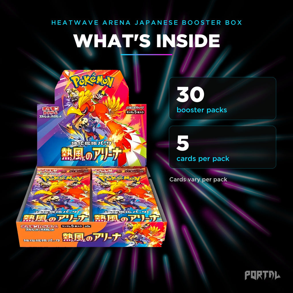 Heatwave Arena Japanese booster box, what's inside: 30 booster packs, 5 cards per pack, Portal TCG
