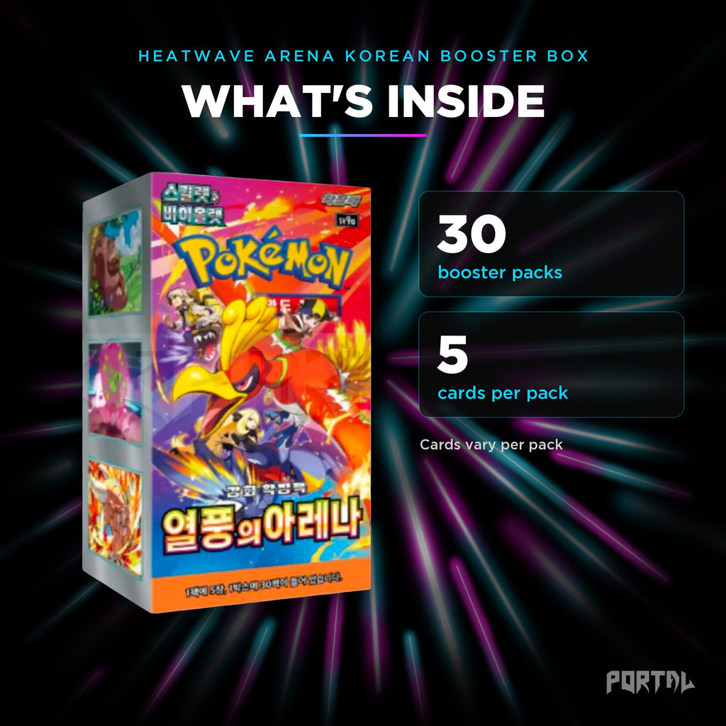 Heatwave Arena Korean booster box, what's inside: 30 booster packs, 5 cards per pack, Portal TCG