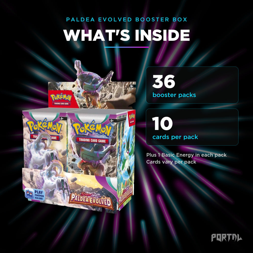 Paldea Evolved booster box, what's inside: 36 booster packs, 10 cards per pack, Portal TCG