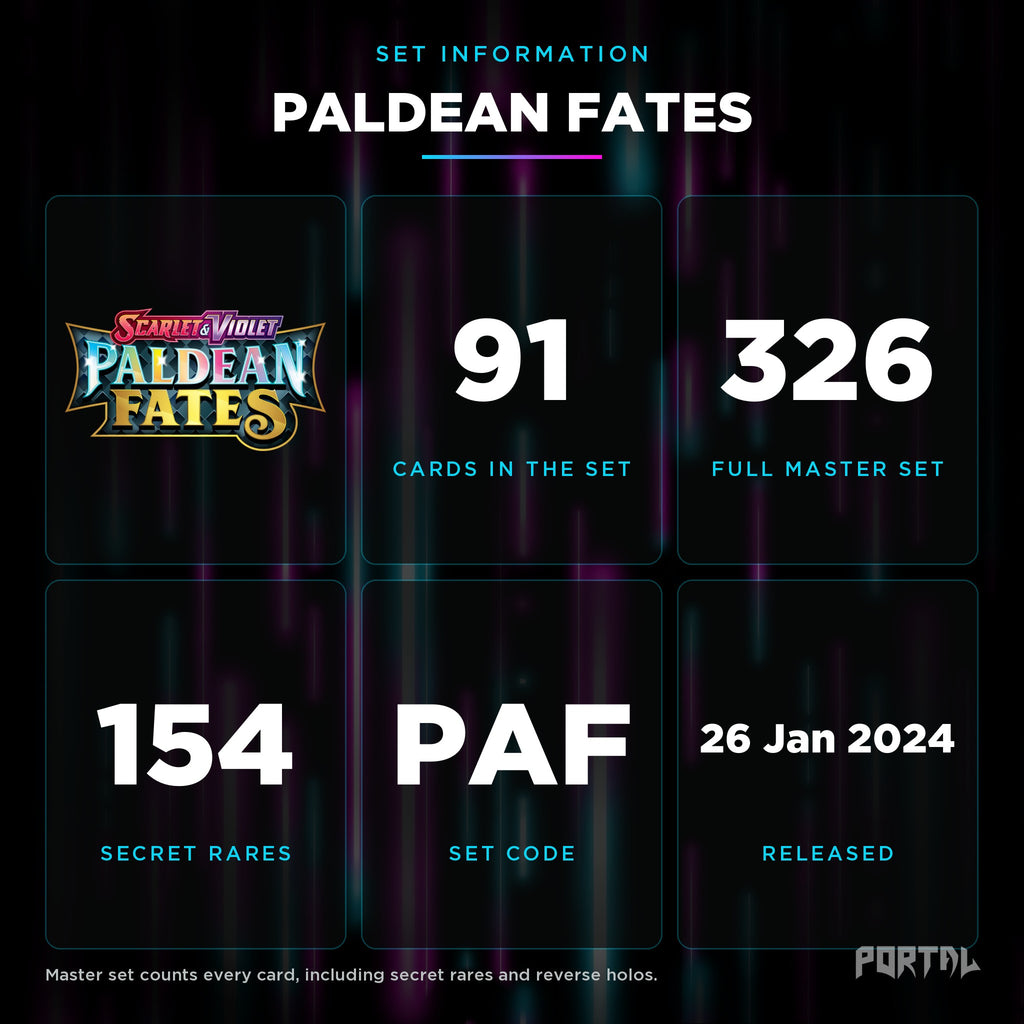 Paldean Fates set information: 91 cards in the set, 326 in the master set, Portal TCG