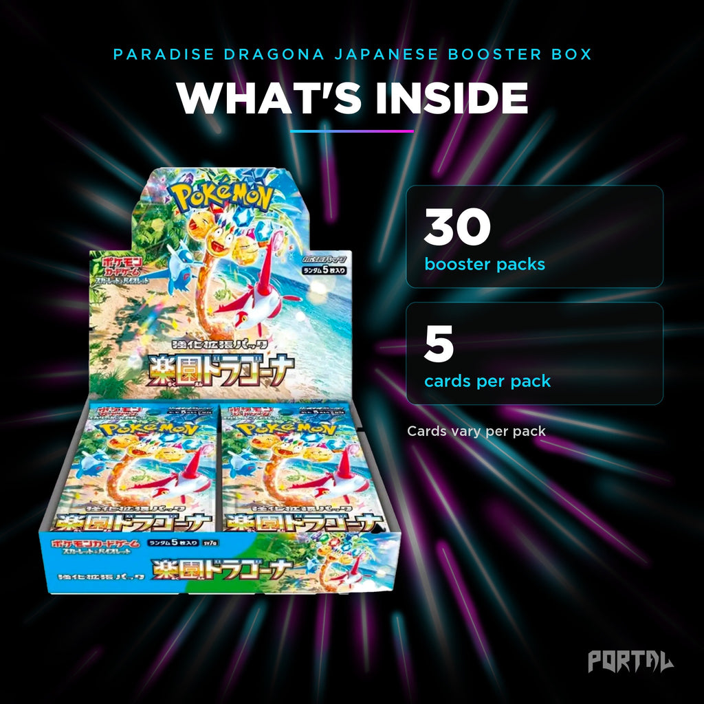 Paradise Dragona Japanese booster box, what's inside: 30 booster packs, 5 cards per pack, Portal TCG