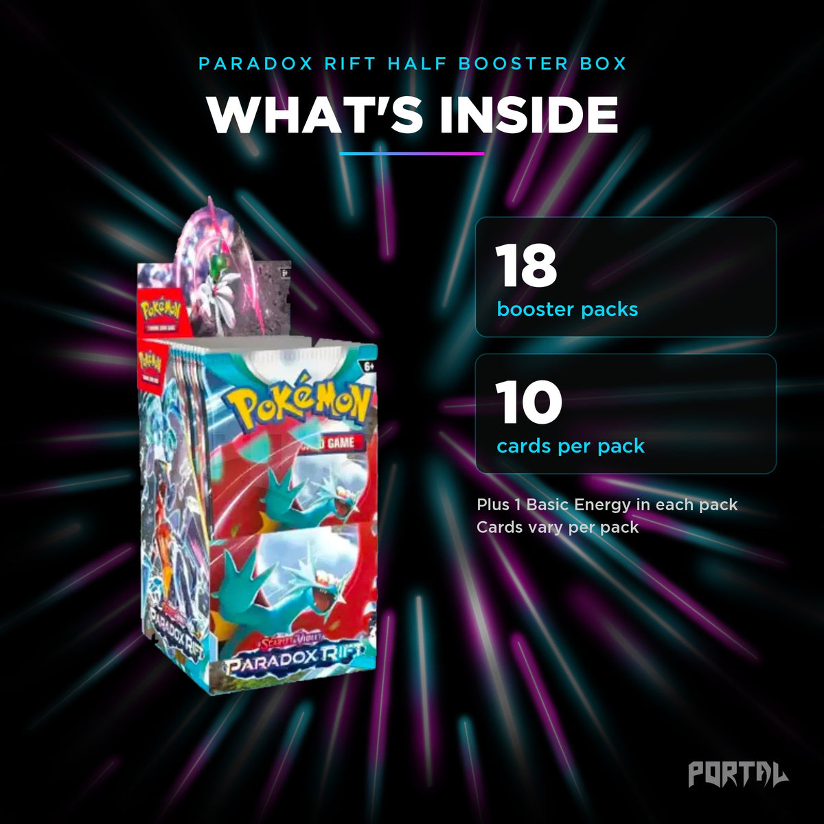 Paradox Rift half booster box, what's inside: 18 booster packs, 10 cards per pack, Portal TCG