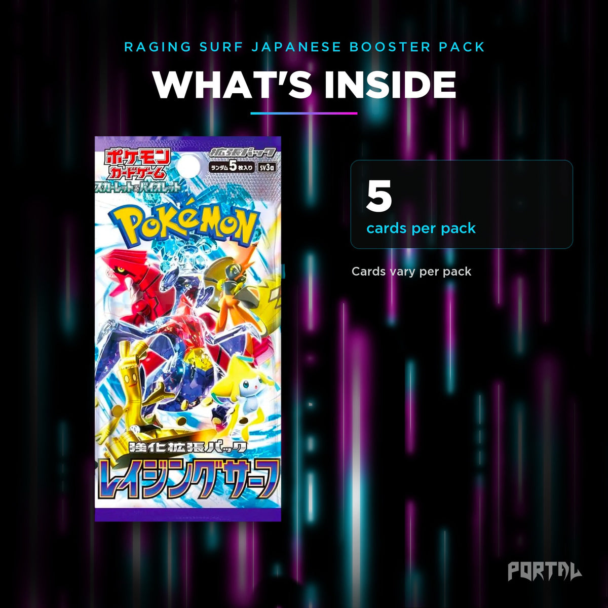 Raging Surf Japanese booster pack, what's inside: 5 cards per pack, Portal TCG