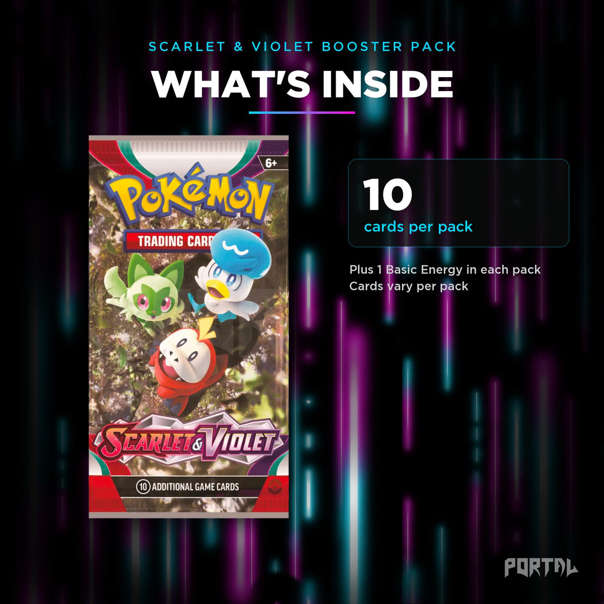 Scarlet & Violet booster pack, what's inside: 10 cards per pack, Portal TCG