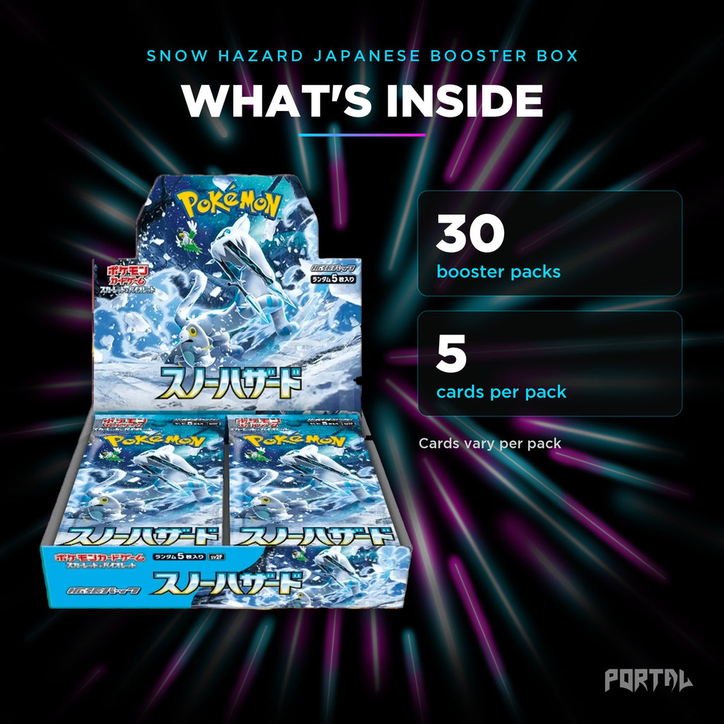 Snow Hazard Japanese booster box, what's inside: 30 booster packs, 5 cards per pack, Portal TCG