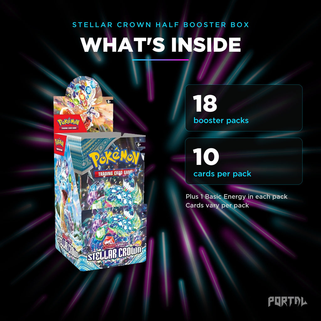 Stellar Crown half booster box, what's inside: 18 booster packs, 10 cards per pack, Portal TCG