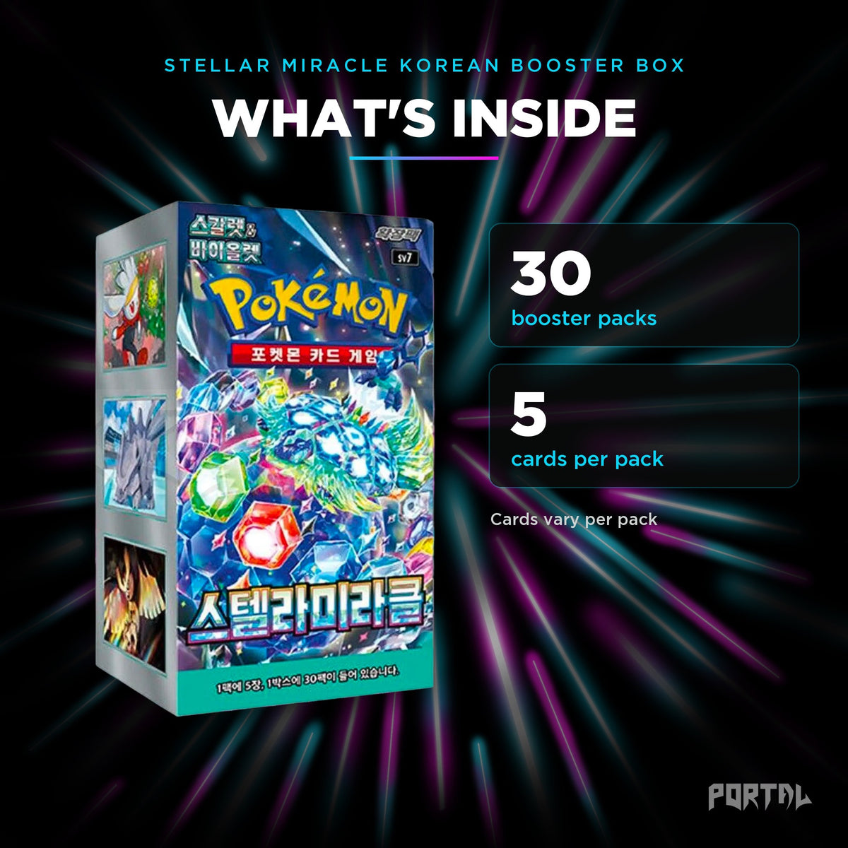 Stellar Miracle Korean booster box, what's inside: 30 booster packs, 5 cards per pack, Portal TCG