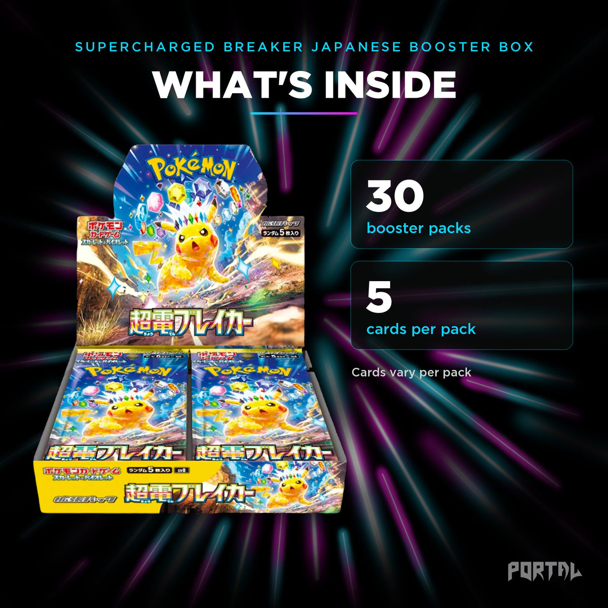 Supercharged Breaker Japanese booster box, what's inside: 30 booster packs, 5 cards per pack, Portal TCG
