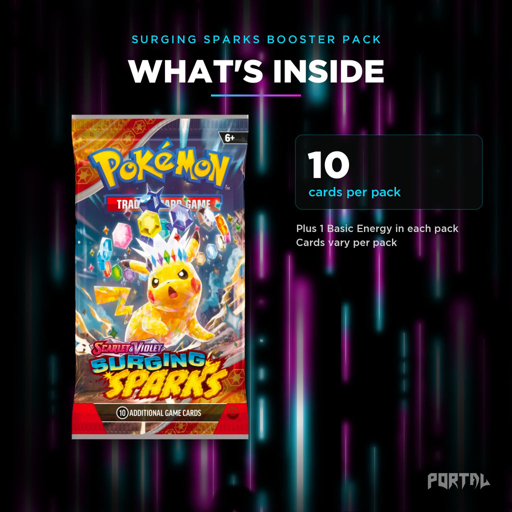 Surging Sparks booster pack, what's inside: 10 cards per pack, Portal TCG