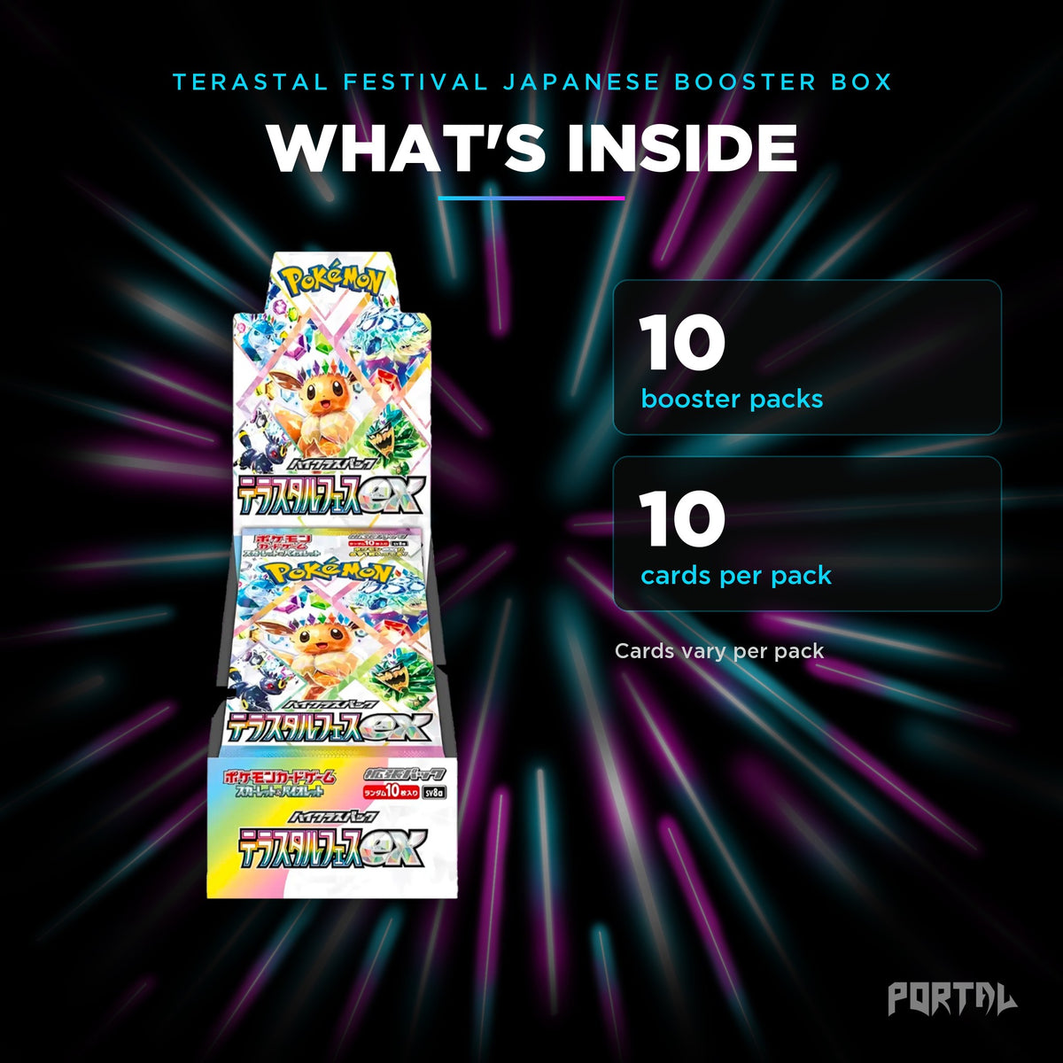 Terastal Festival Japanese booster box, what's inside: 10 booster packs, 10 cards per pack, Portal TCG