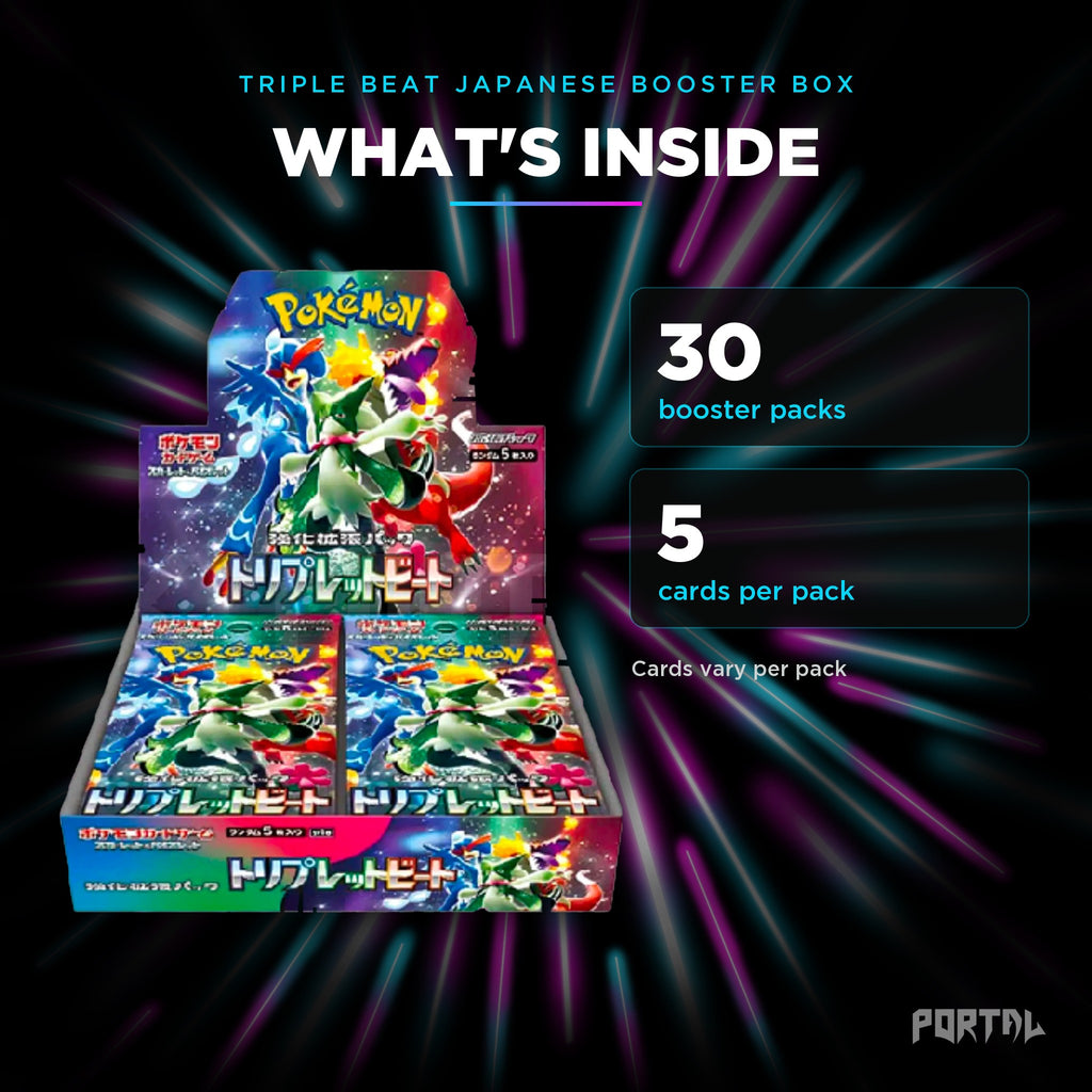 Triple Beat Japanese booster box, what's inside: 30 booster packs, 5 cards per pack, Portal TCG