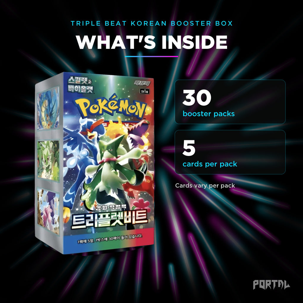 Triple Beat Korean booster box, what's inside: 30 booster packs, 5 cards per pack, Portal TCG