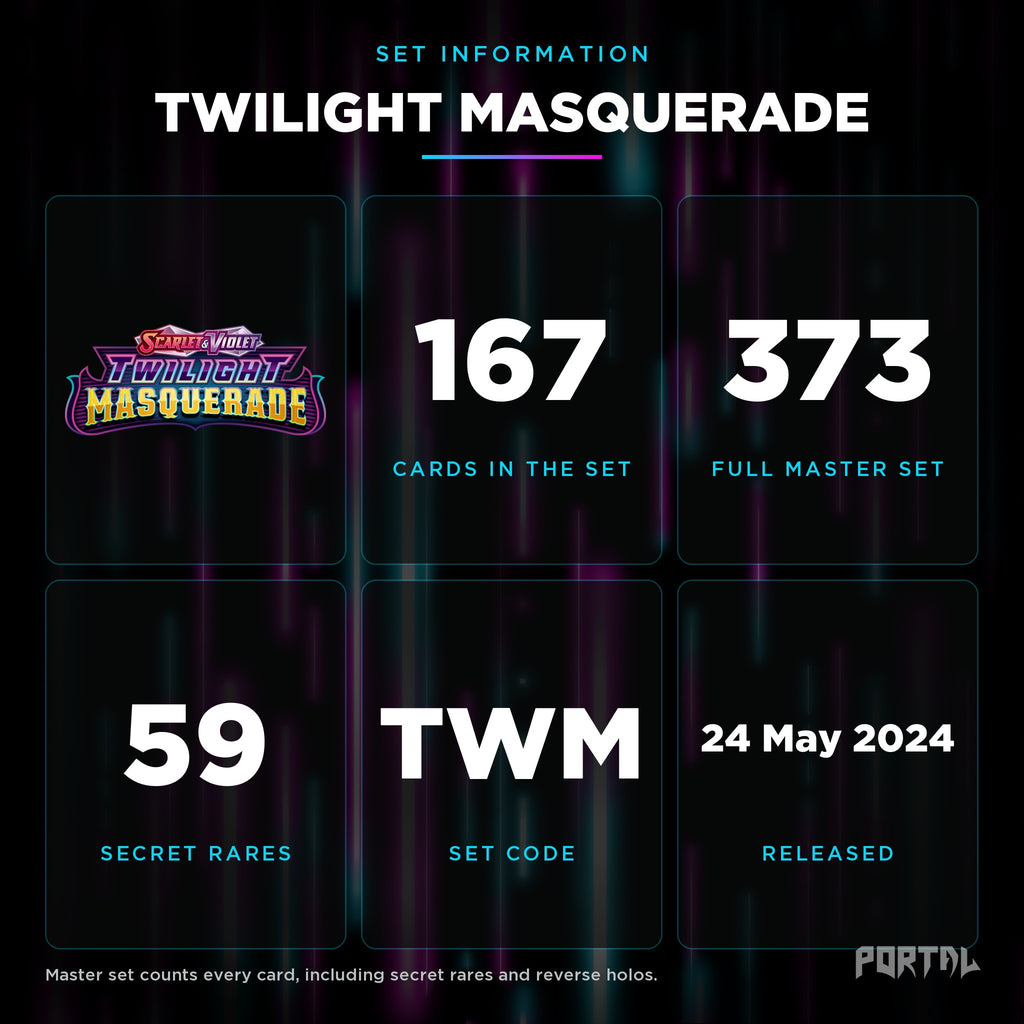 Twilight Masquerade set information: 167 cards in the set, 373 in the master set, Portal TCG