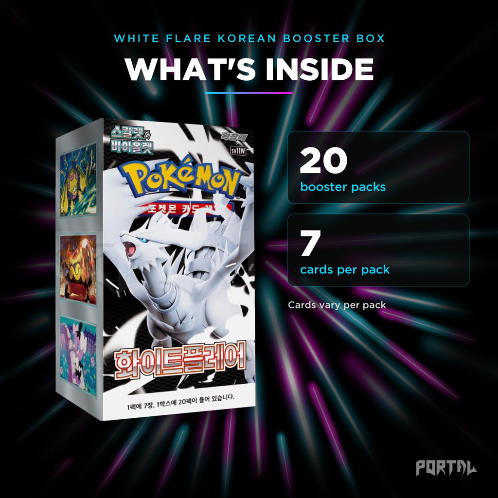 White Flare Korean booster box, what's inside: 20 booster packs, 7 cards per pack, Portal TCG