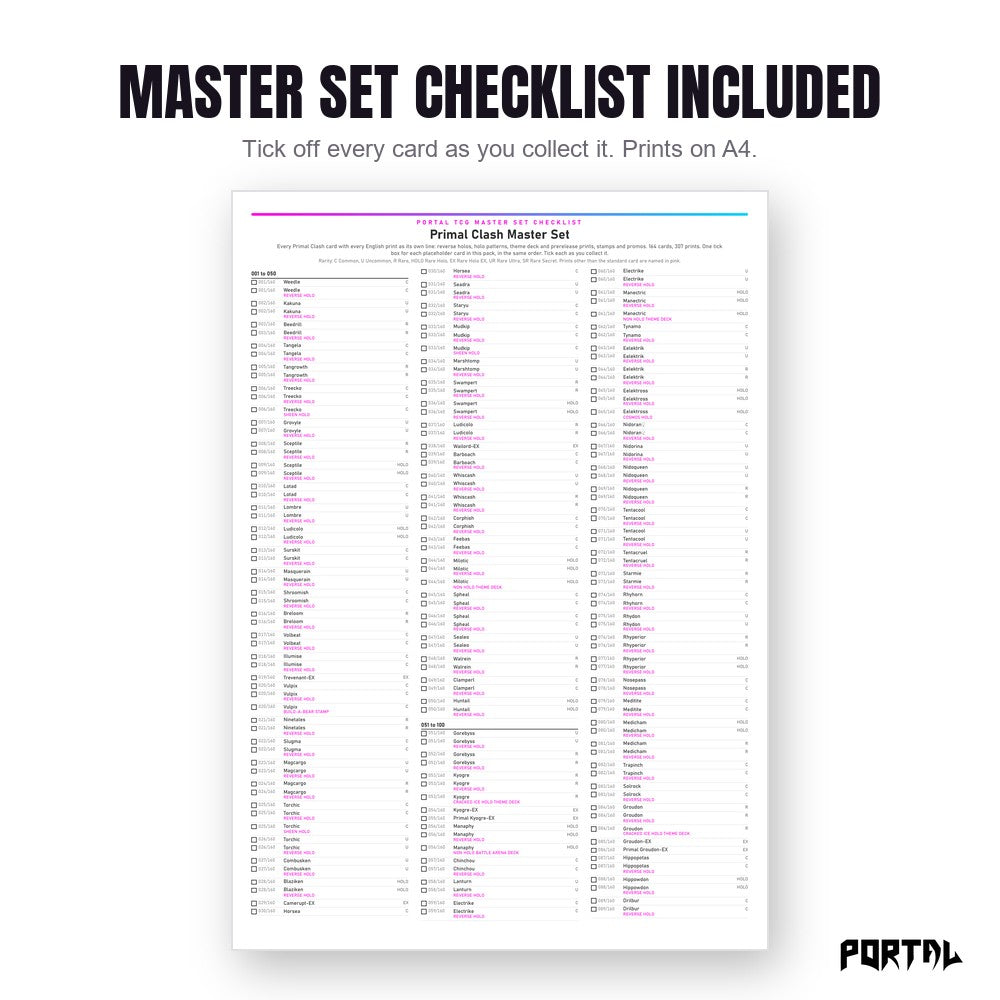 Pokemon Primal Clash master set placeholders, the checklist included in the download, Portal TCG