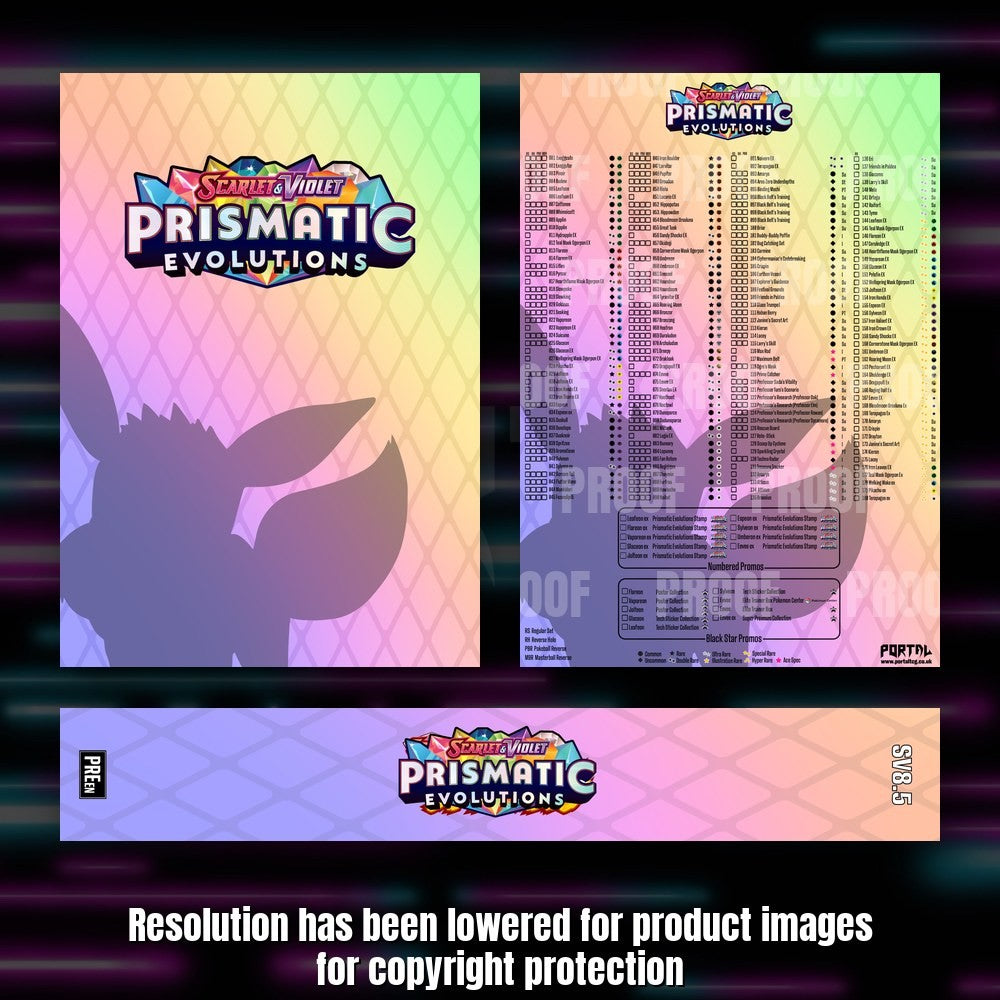 Pokemon Prismatic Evolutions master set checklist kit, full kit with cover, spine and checklist, Portal TCG