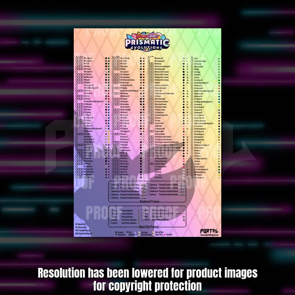 Pokemon Prismatic Evolutions master set checklist kit, checklist sheet, Portal TCG