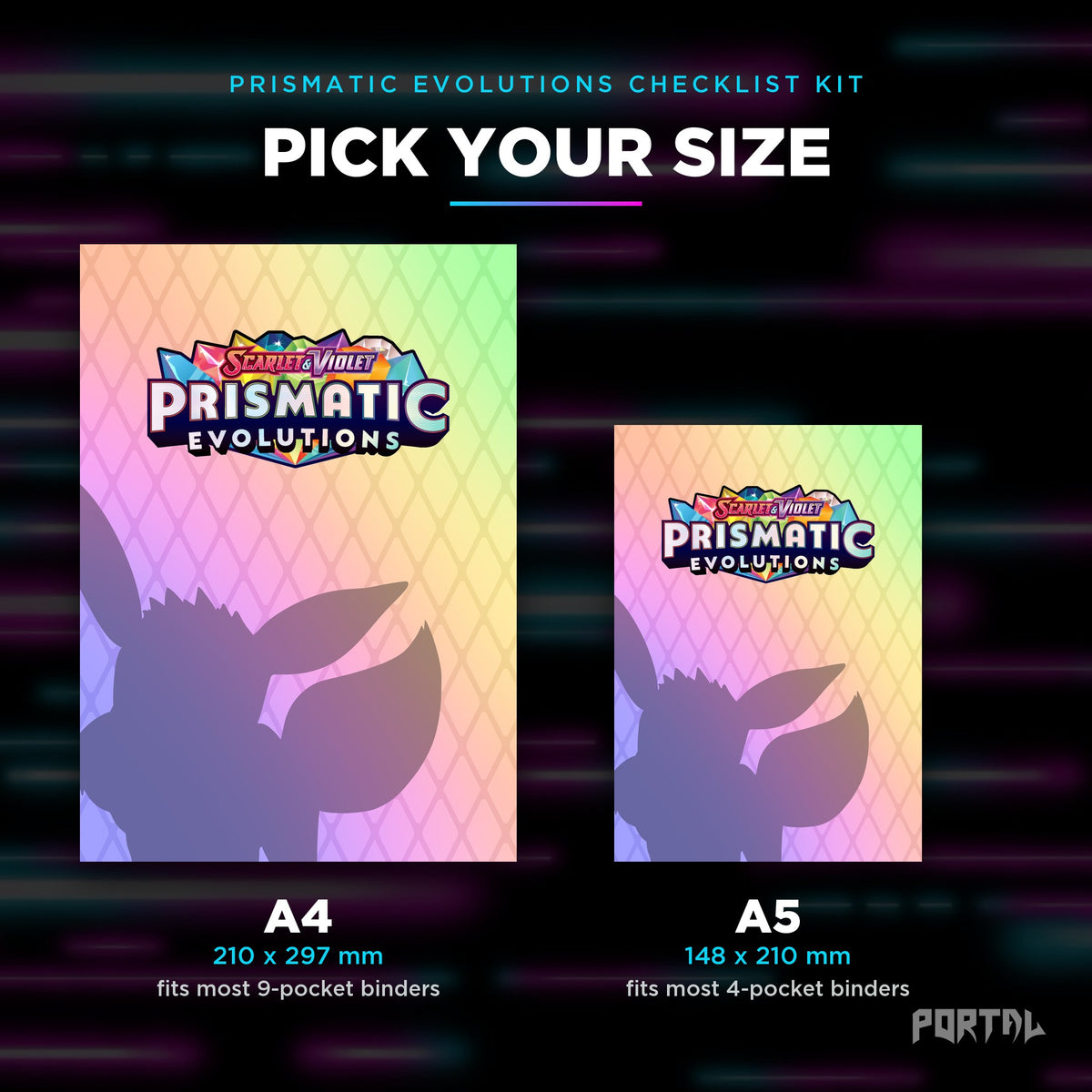 Pokemon Prismatic Evolutions master set checklist kit, A4 and A5 sizes, Portal TCG