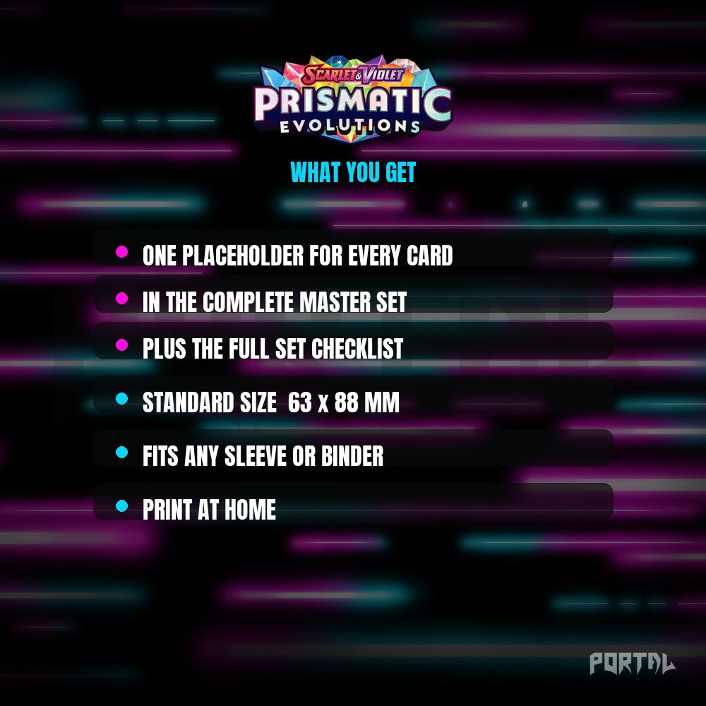 Prismatic Evolutions master set placeholder cards, what is included