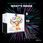 Prismatic Evolutions Elite Trainer Box, what's inside: 9 booster packs, 10 cards per pack, Portal TCG