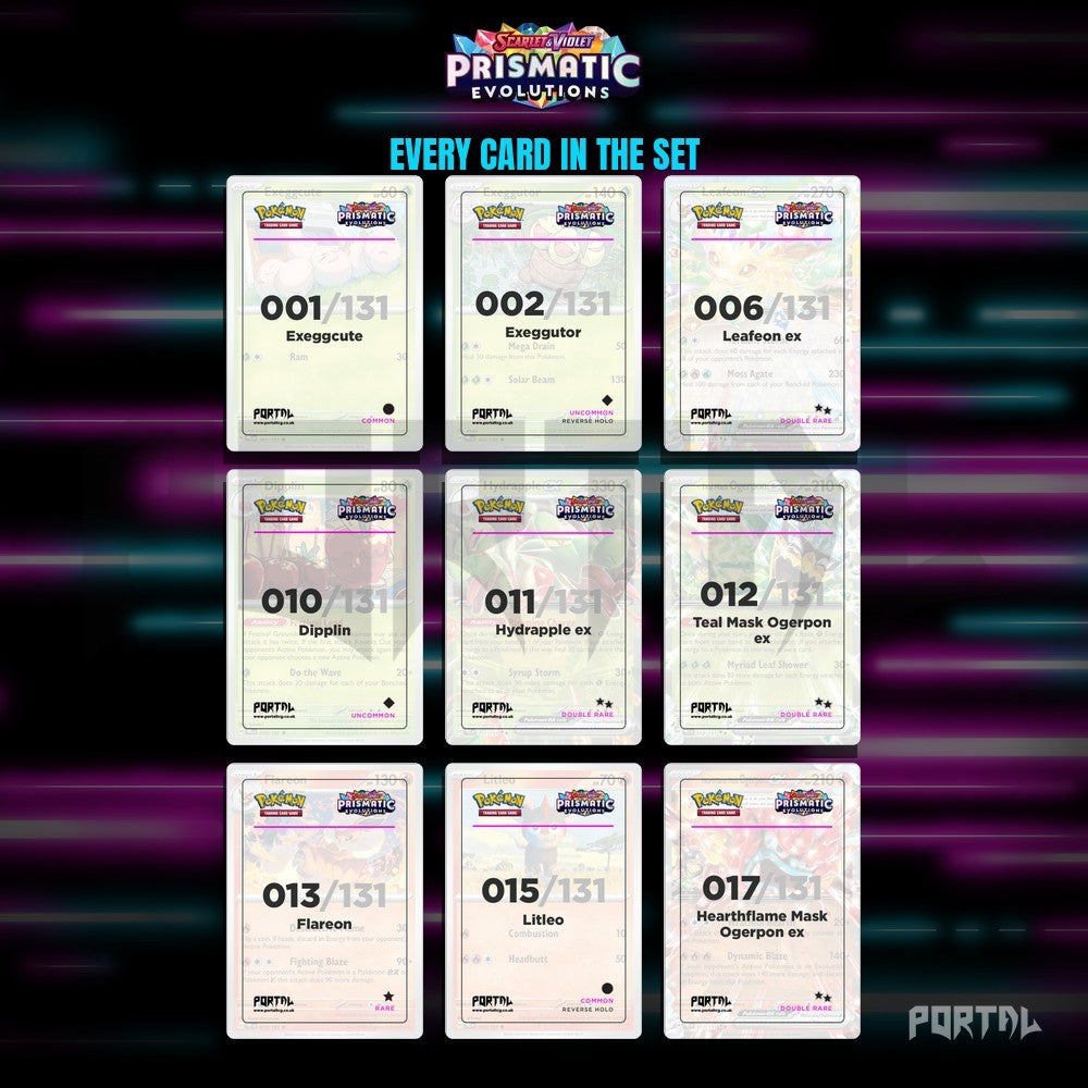 Prismatic Evolutions master set placeholders, binder page, Portal TCG