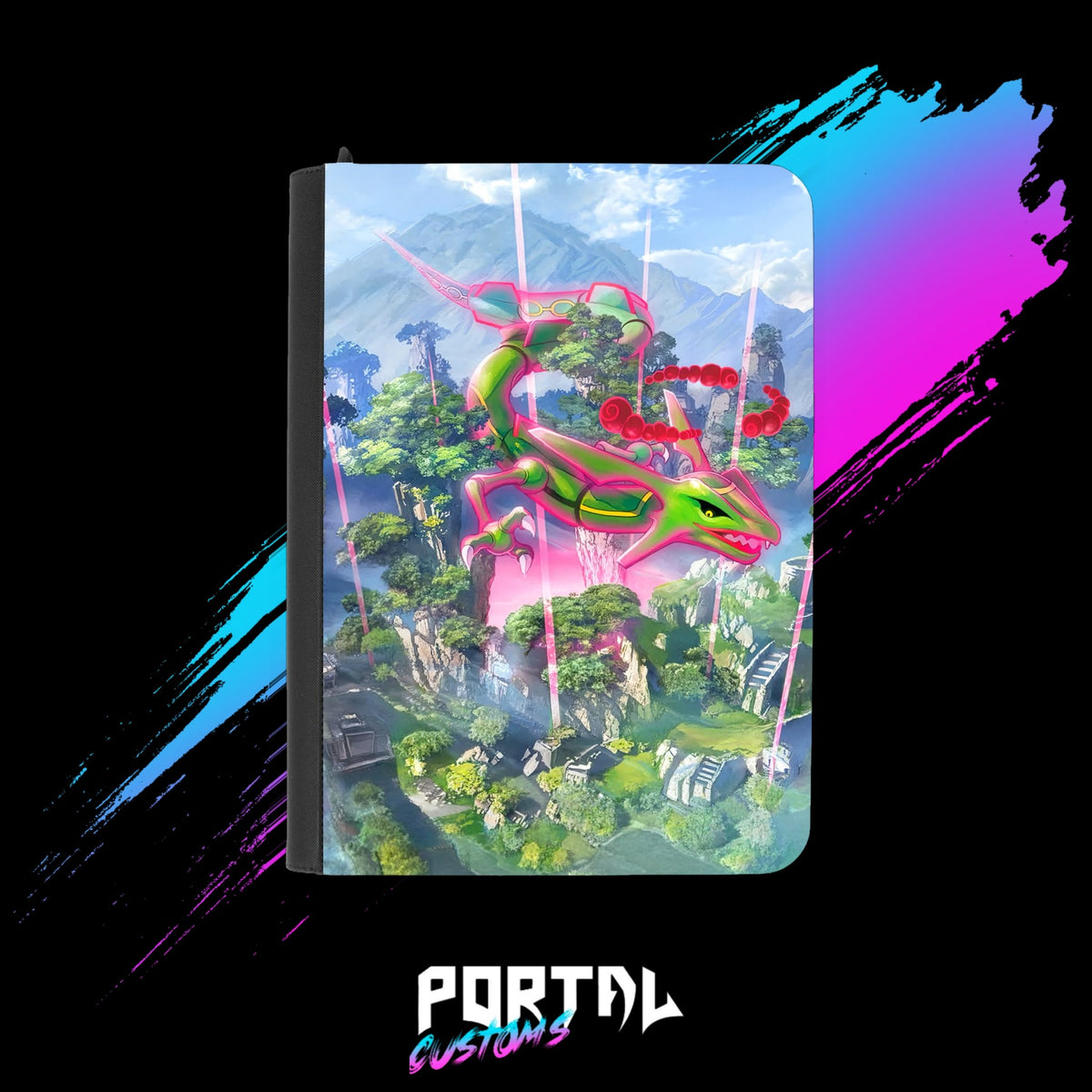 Pokemon Rayquaza Sky Islands premium printed binder, black, front cover, Portal TCG