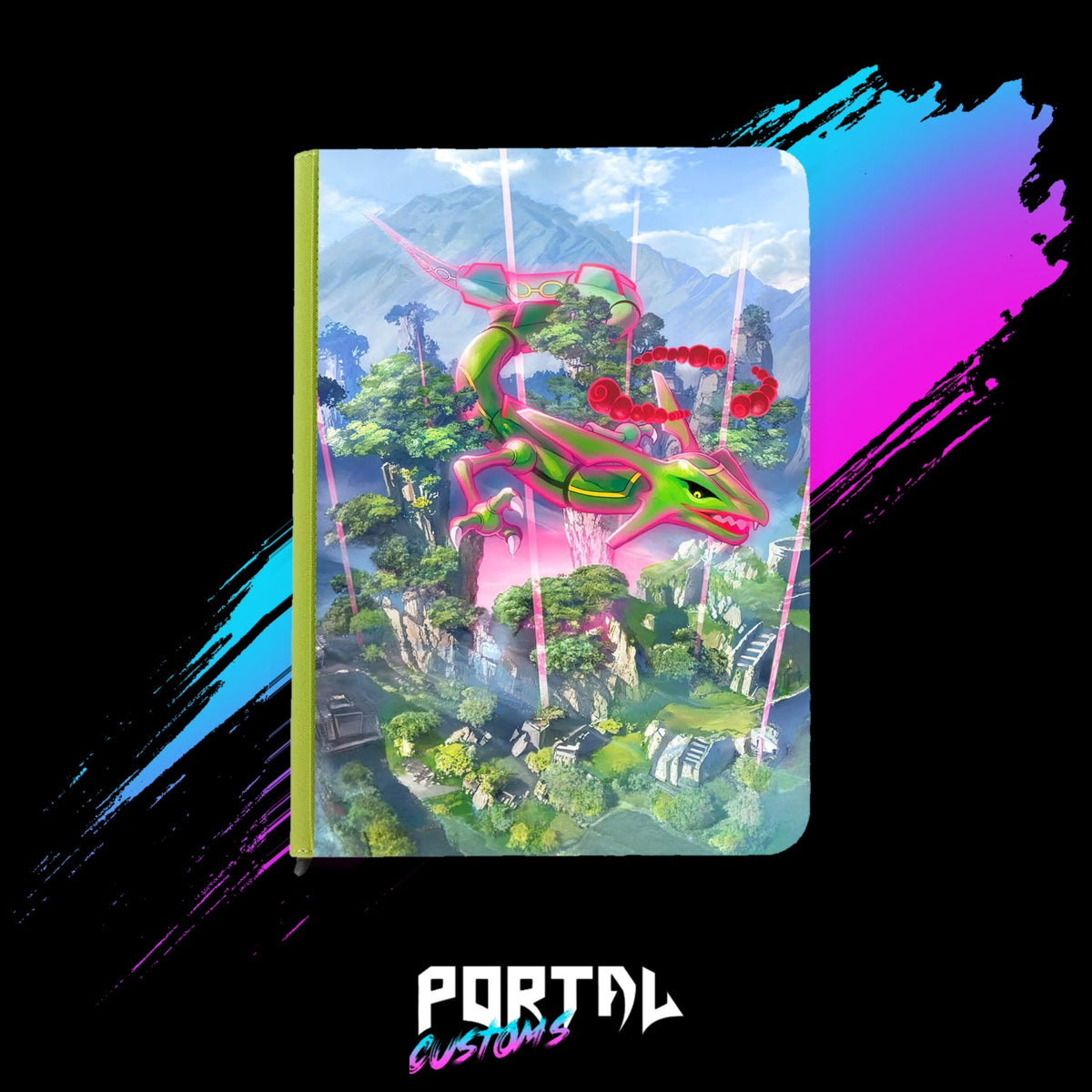 Pokemon Rayquaza Sky Islands premium printed binder, lime green, front cover, Portal TCG