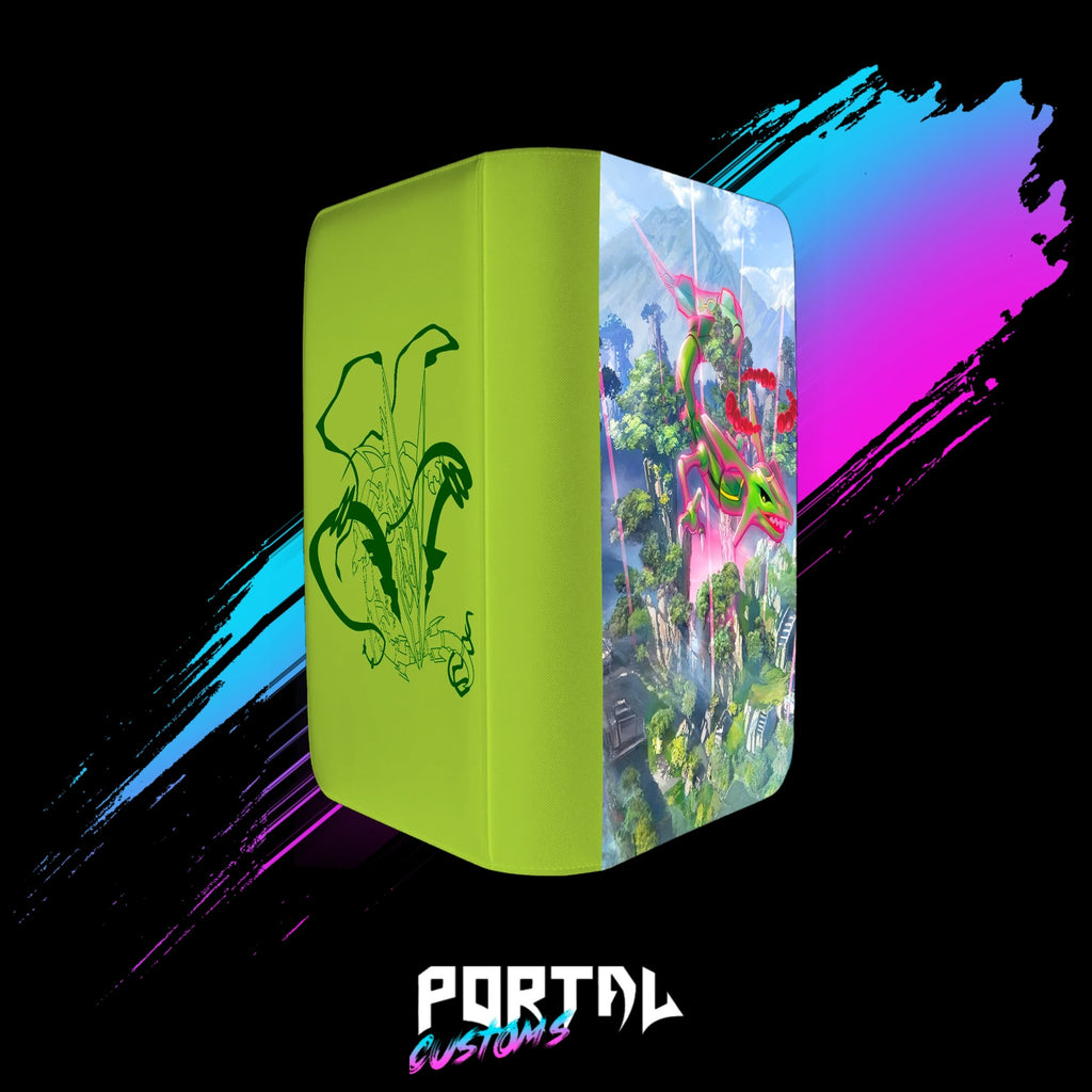 Pokemon Rayquaza Sky Islands premium printed binder, lime green, back and front together, Portal TCG
