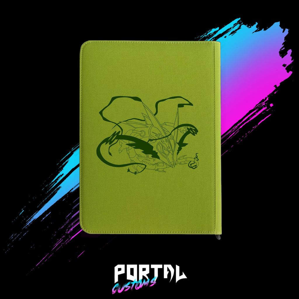 Pokemon Rayquaza Sky Islands premium printed binder, lime green, back with deep green Rayquaza line art, Portal TCG