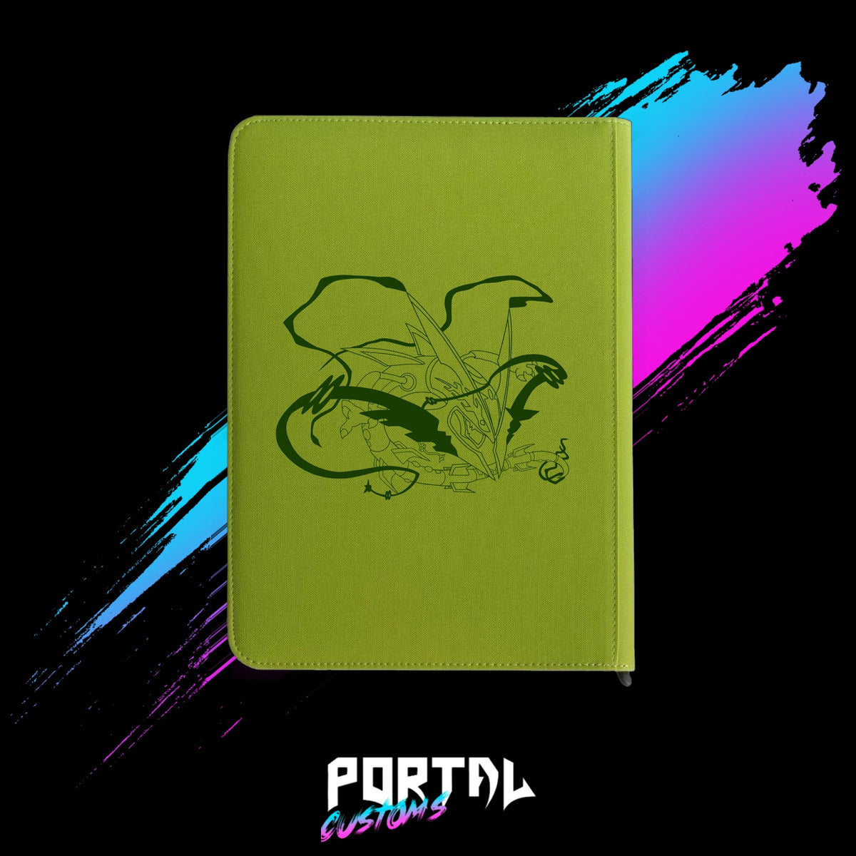 Pokemon Rayquaza Sky Islands premium printed binder, lime green, back with deep green Rayquaza line art, Portal TCG