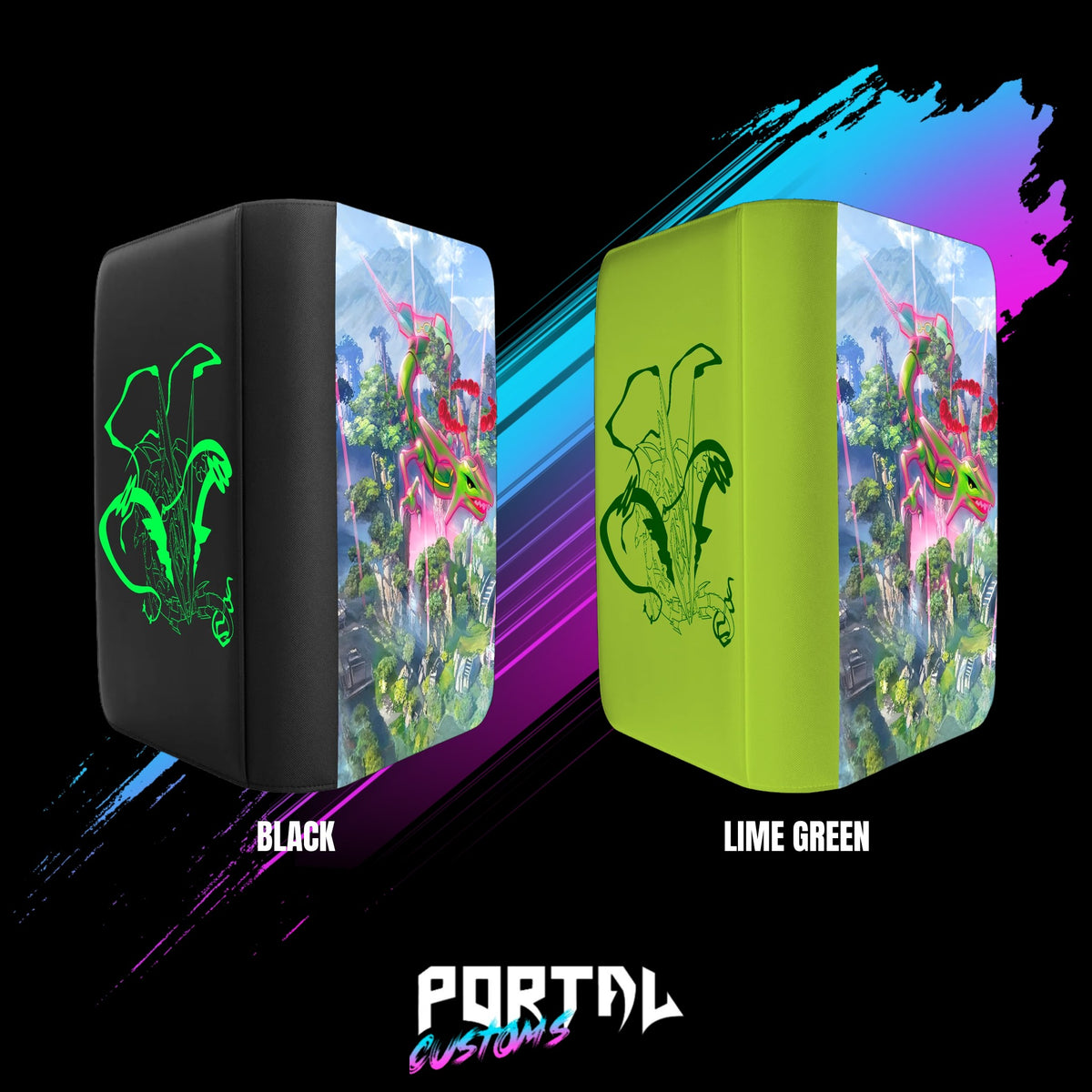 Pokemon Rayquaza Sky Islands premium printed binder in black or lime green, Portal TCG