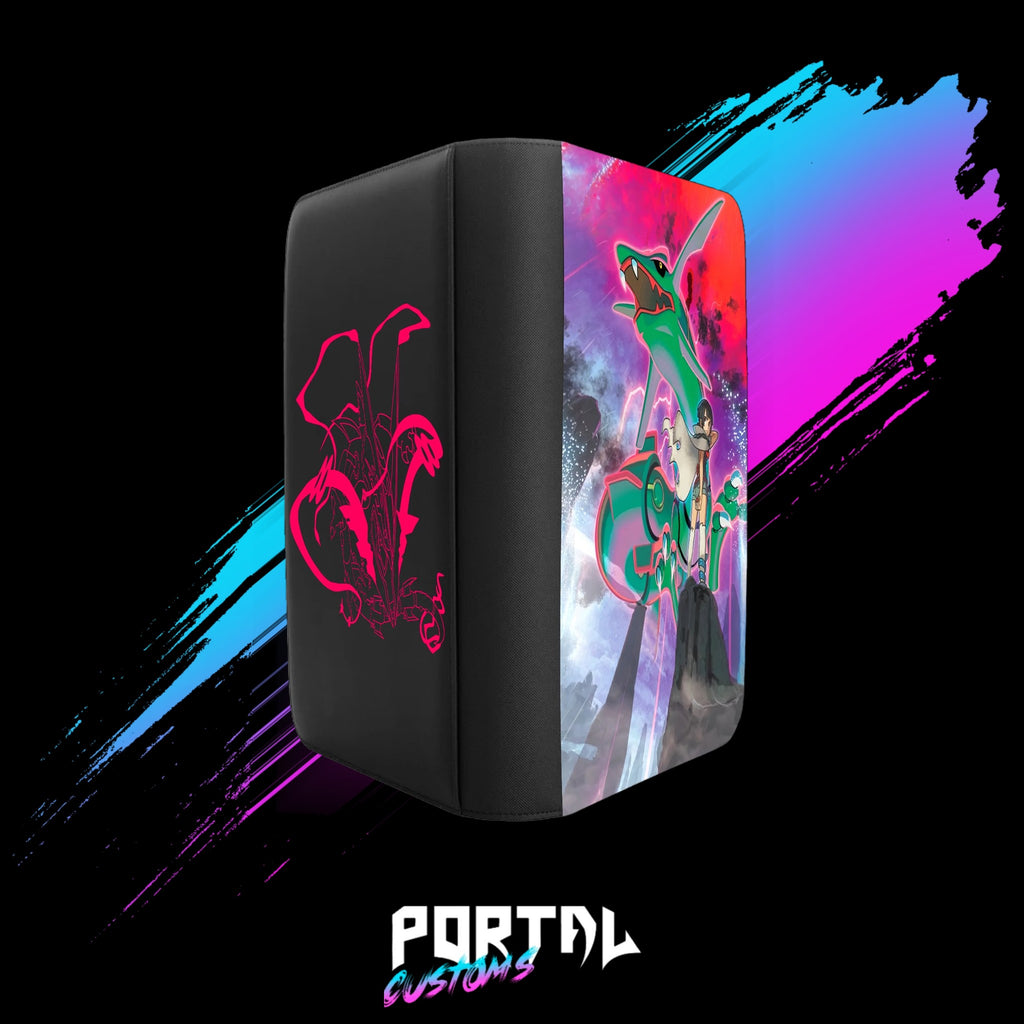 Pokemon Rayquaza and Zinnia premium printed binder, black, back and front together, Portal TCG