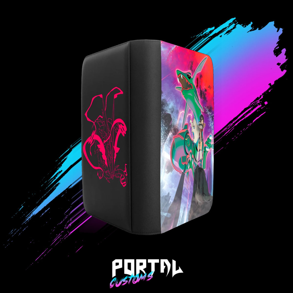 Pokemon Rayquaza and Zinnia premium printed binder, black, back and front together, Portal TCG