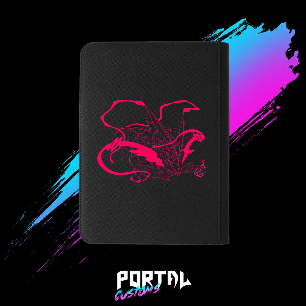 Pokemon Rayquaza and Zinnia premium printed binder, black, back with hot pink Rayquaza line art, Portal TCG